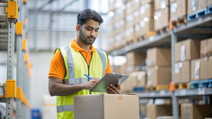 An Indian courier worker sorting and organizing packages in a busy logistics warehouse environment.