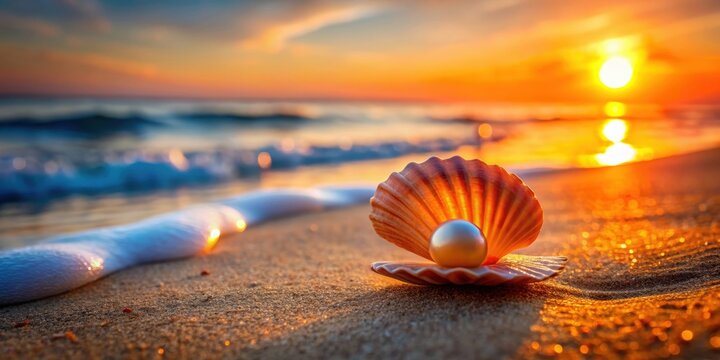 Orange seashell with pearl glistening in the sunset light on the shoreline, orange, seashell, pearl, sunset, light, beach