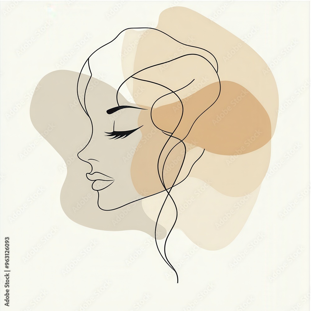 Aufkleber a graceful silhouette of a woman's face is drawn with smooth lines, set among abstract shapes in cal