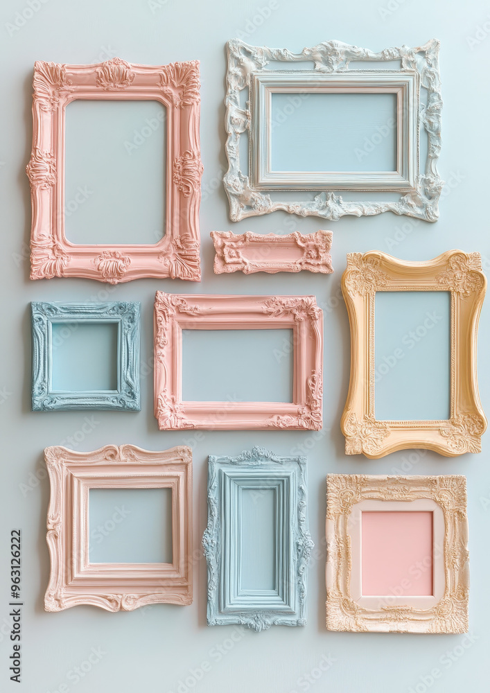 Aufkleber collection of pastel-colored frames in different shapes and sizes, creating a gallery wall