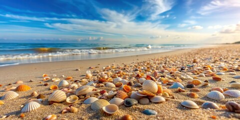 Serene empty sand beach with scattered shells, perfect for summer sea scenes, beach, sand, shells, serene, empty, backdrop