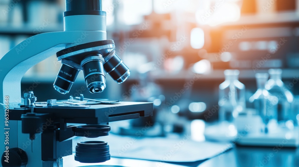 Poster close-up of a microscope in a laboratory setting