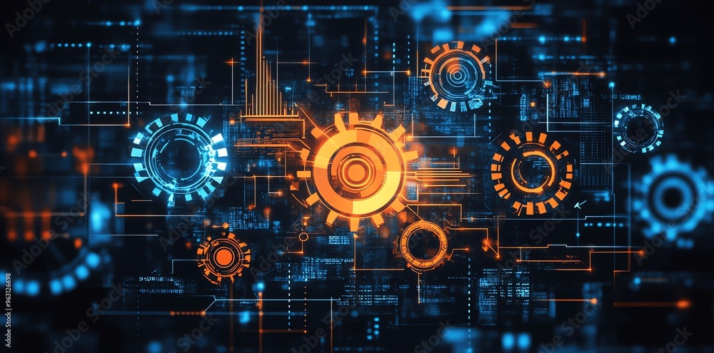 Poster abstract futuristic digital background with glowing gears.