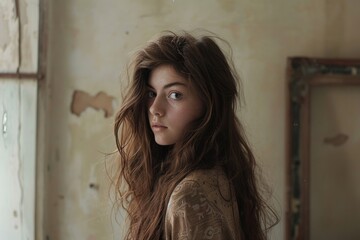 Fototapeta premium photograph of A woman with long brown hair standing in a room