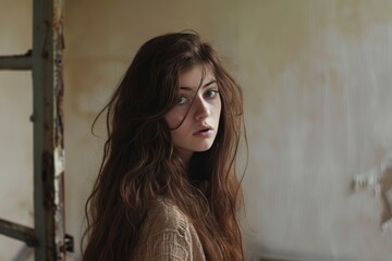 Fototapeta premium photograph of A woman with long brown hair standing in a room