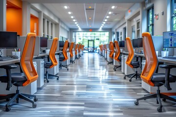 A large open office space with orange chairs and desks