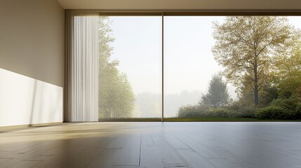 Fototapeta premium Empty Room with Large Window and View of Forested Landscape