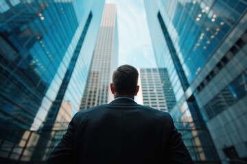 photograph of Back view of businessman looking up at towering office buildings. Business and finance