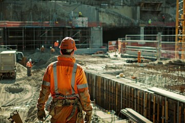 Fototapeta premium Back view of construction worker at construction site, building in uniform orange uniform