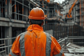 Back view of construction worker at construction site, building in uniform orange uniform