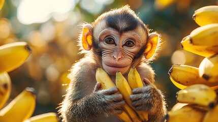 A playful monkey swinging from a tree with raw bananas in hand, smiling under a bright sun.