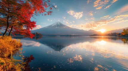 Fuji mountain and Kawaguchiko lake at sunset,