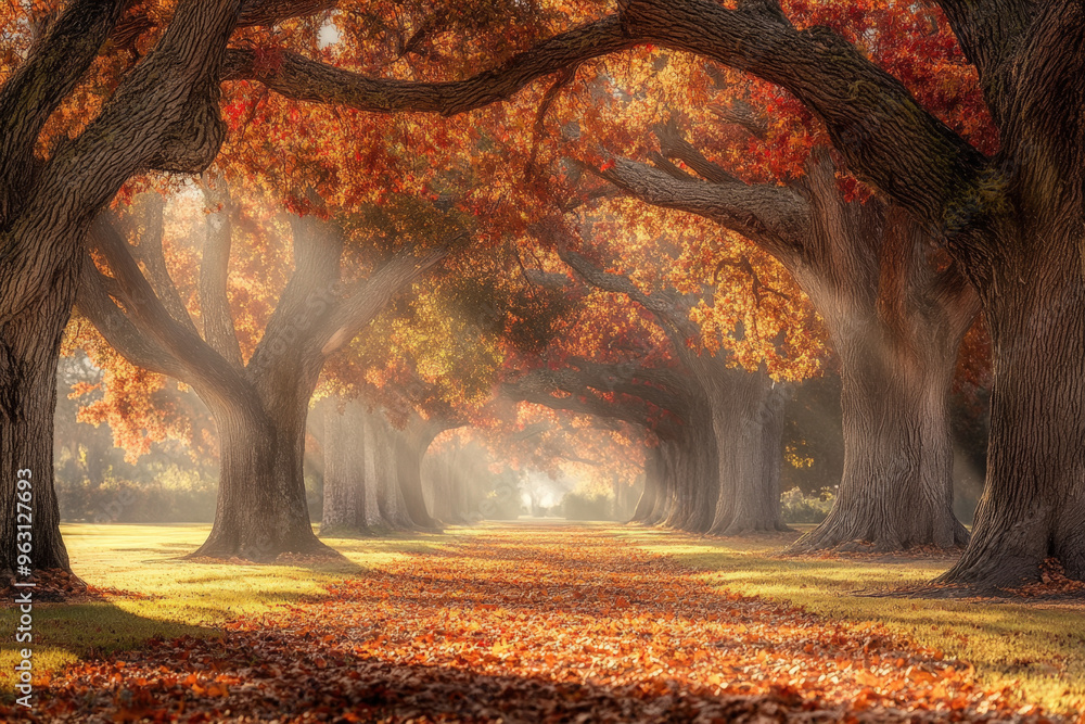 Poster sun rays are filtering through the branches of trees along a path covered by colorful fallen leaves