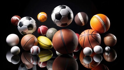 Collection of various sports balls floating against a striking black background, sports, balls, collection