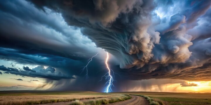 Dramatic tornado in a stormy landscape with lightning thunderstorm flash over the night sky, tornado, dramatic, powerful
