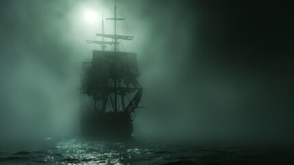 Fototapeta premium Sailing Ship In Foggy Sea At Night