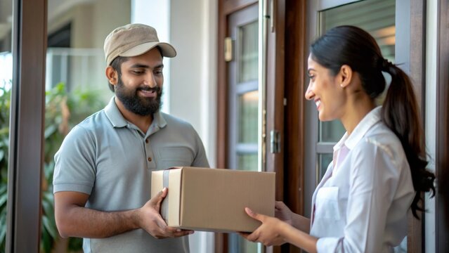 An Indian delivery driver handing a package to a customer at their doorstep, highlighting direct customer interaction.