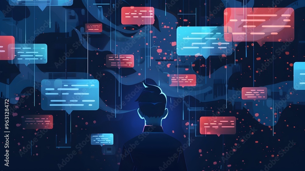 Poster futuristic digital network visualization with colorful glowing neon lights and flowing data connecti