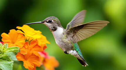 Fototapeta premium Hummingbird hovering near a vibrant flower, highlighting energy metabolism and feeding