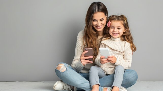 Close-up of a young mother and her beautiful little daughter sitting happily on the floor using a smartphone on a gray background.