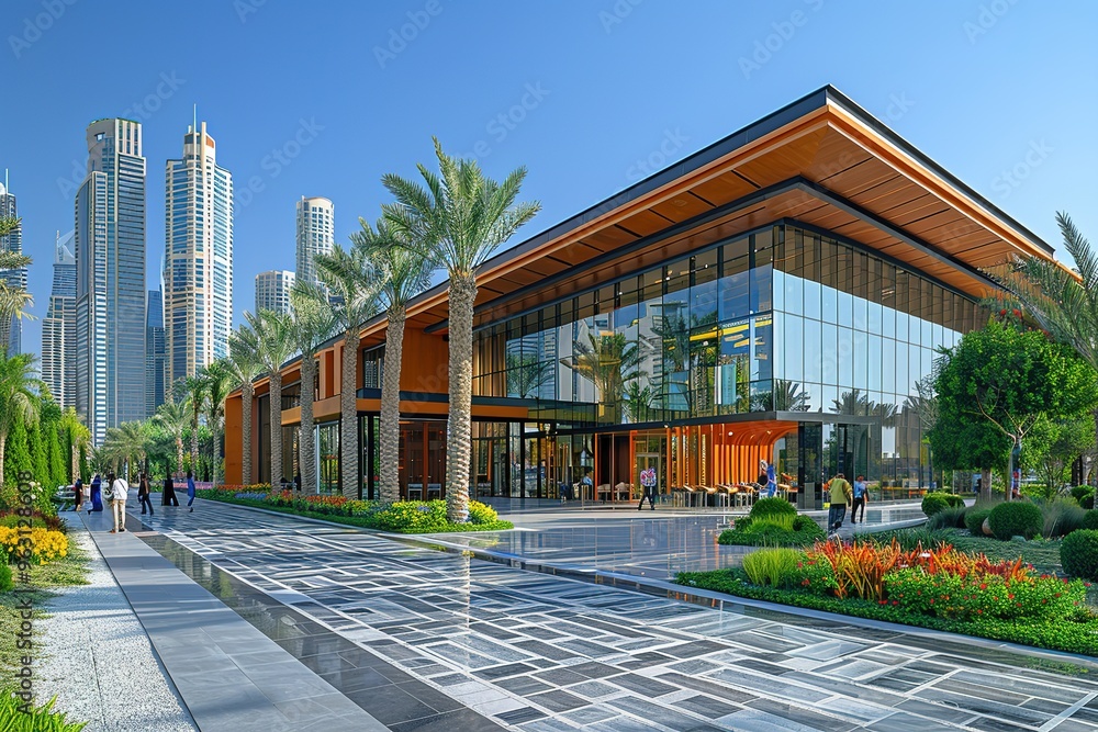 Poster a large building with a glass facade and a large green tree in front of it