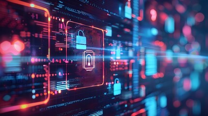 Futuristic Digital Security and Encryption Concept with Locks and Codes on Circuits