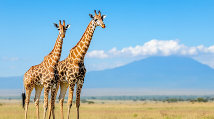 Obraz premium Giraffes browsing on acacia trees in an African savanna