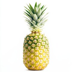 Fototapeta premium A close-up of a ripe pineapple, with the spiky texture and green crown highlighted against a plain white background