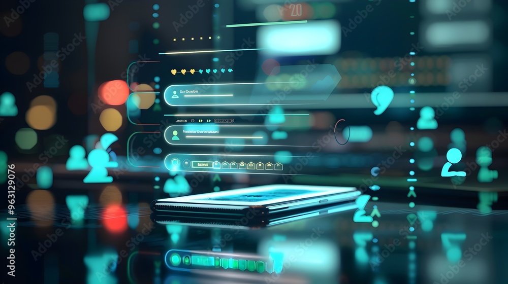 Poster futuristic digital technology abstract with glowing neon lights and data streams