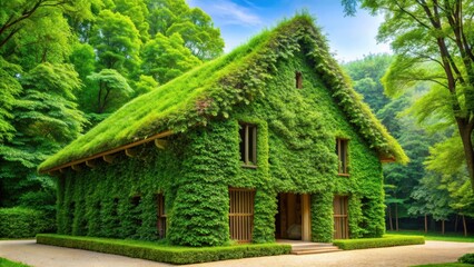 Obraz premium Building made of trees with a roof covered in vibrant green foliage , eco-friendly, sustainable