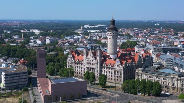 Leipzig new city hall tower, summer day. Stunning aerial view flight drone