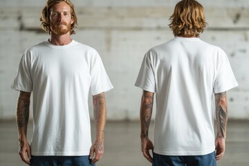 Mockup of white oversize t-shirt with front and back view on a male model, design template for print