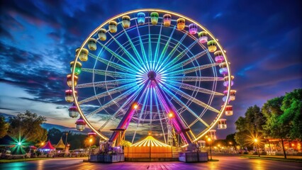 Ferris wheel illuminated in the night sky, creating a magical and whimsical scene, amusement park, nighttime, lights