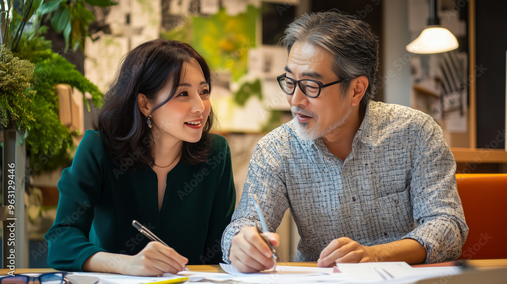 Poster Japanese couple discussing new house plans