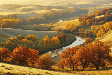 Fototapeta premium Breathtaking view of a river winding through a valley with colorful autumn trees and rolling hills