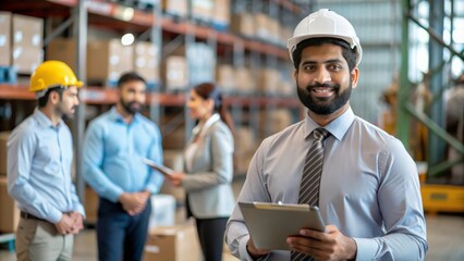 An Indian logistics manager supervising operations in a large distribution center, with staff and machinery in the background.