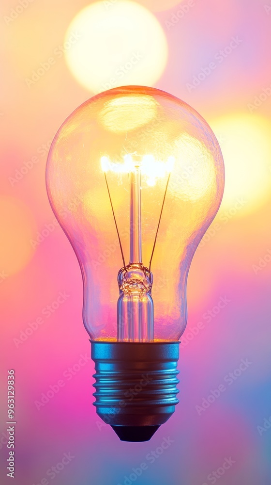 Poster illuminated light bulb with colorful bokeh