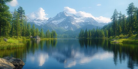 Mountain Lake Reflecting Snowy Peaks and Clouds