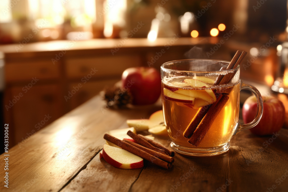 Aufkleber steaming mug of apple cider with cinnamon sticks and apple slices on a rustic wooden table in a warm