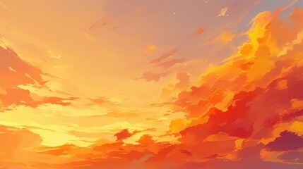 A painting of a sky with orange clouds and a sun