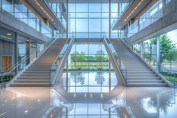 A large, open space with two staircases leading up to a glass-walled area