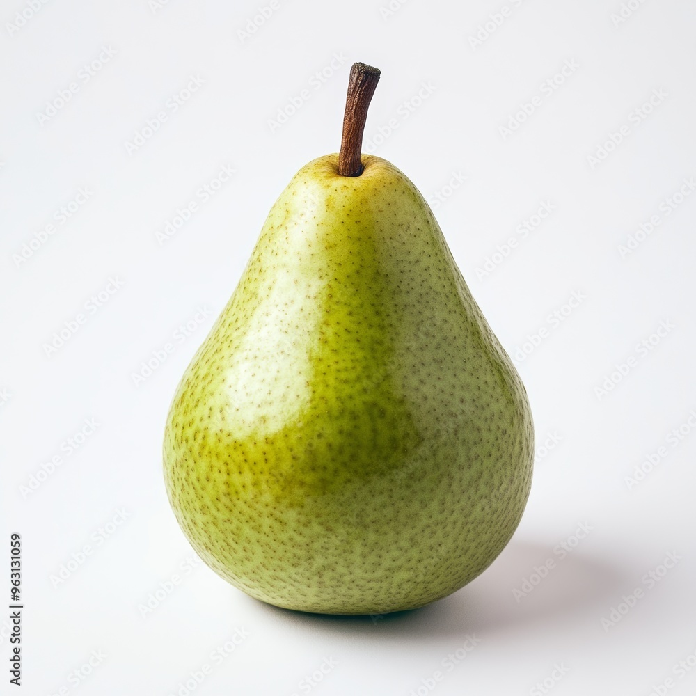 Poster a glossy green pear with visible texture, resting against a simple white backdrop