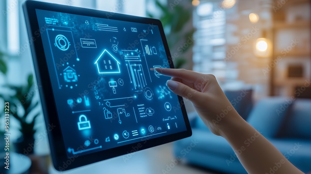 Poster hand interacting with a tablet screen showing home automation interface.