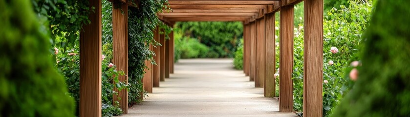Fototapeta premium Elegant Wooden Pergola Walkway, botanical garden, roses, ivy, lush greenery, early morning mist, serene and picturesque