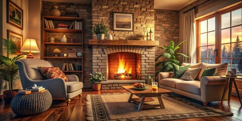 Cozy living room with a crackling fireplace , home decor, interior design, fireplace, warmth, comfortable, inviting, cozy