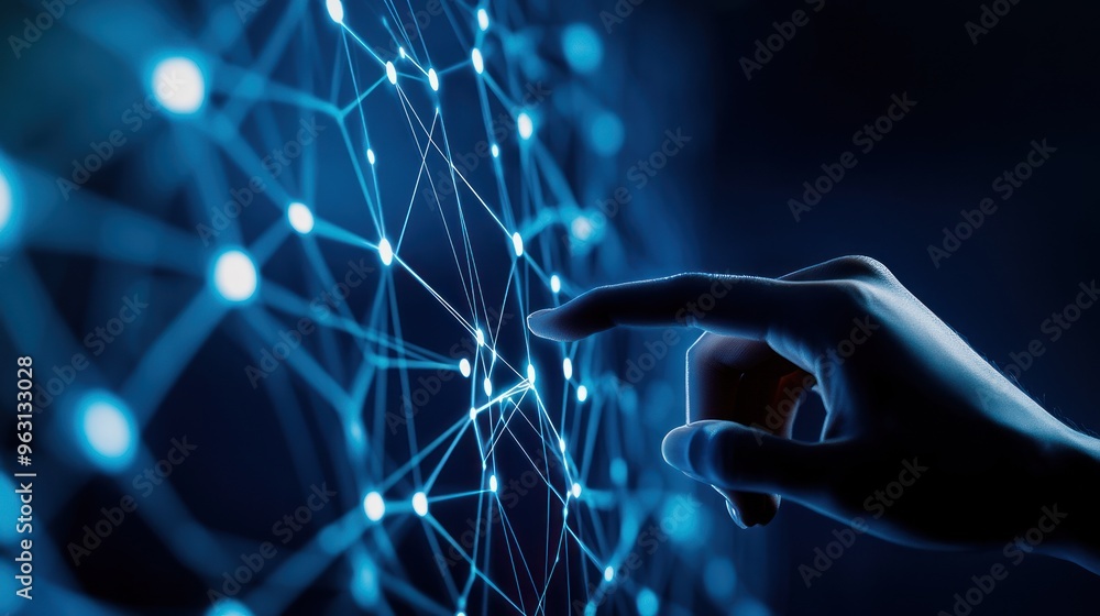 Poster connecting the dots: a hand interacting with a digital network