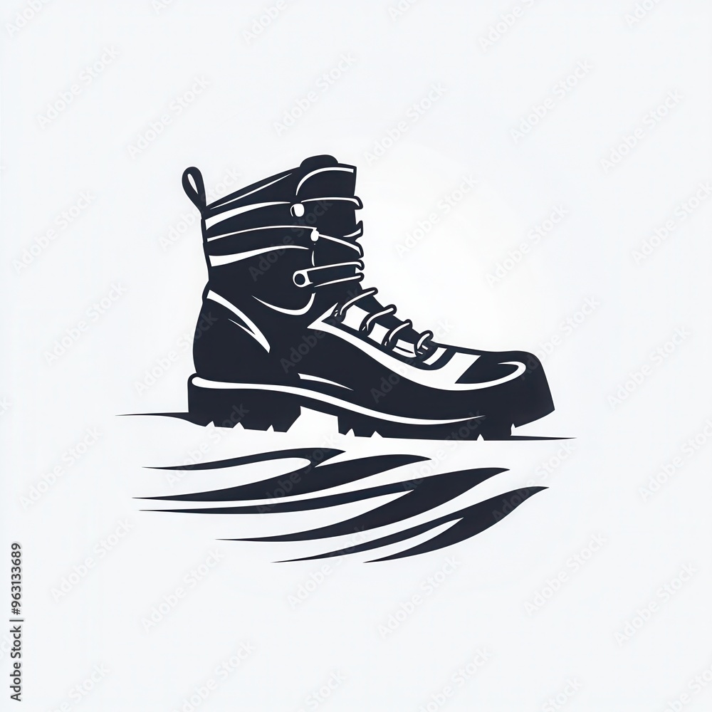 Poster a simple and sleek logo features a ski boot positioned on a snowy trail, embodying winter sports and
