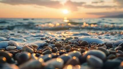 Obraz premium Closeup of pebbles on a stormy sea shore at sunset. Concept Nature Photography, Sunset Vibes, Beach Landscapes, Stormy Weather, Close-up 