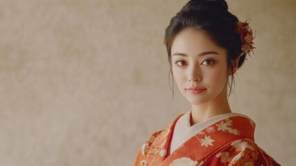 Fototapeta premium 鮮やかな紅葉に囲まれた着物の女性