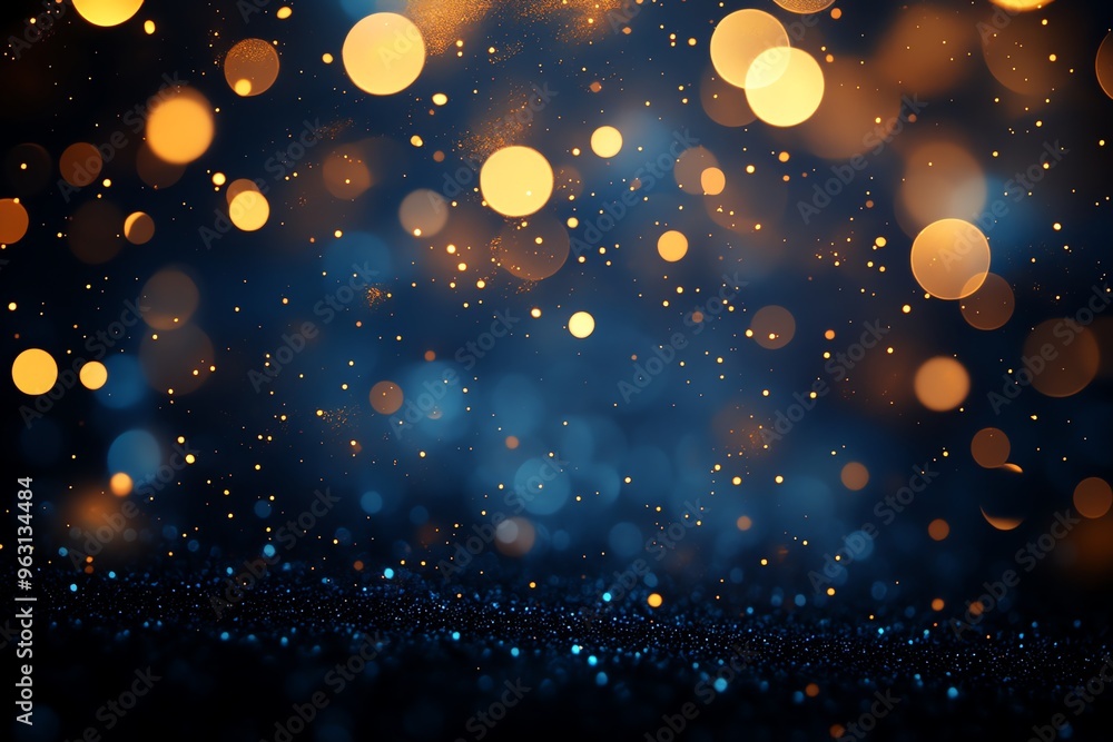 Poster abstract glittering background with blue and gold bokeh.